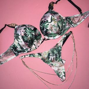 Victoria's Secret 32A,32B BOMBSHELL BRA SET XS GREEN pink Palm Gold SHINE STRAP